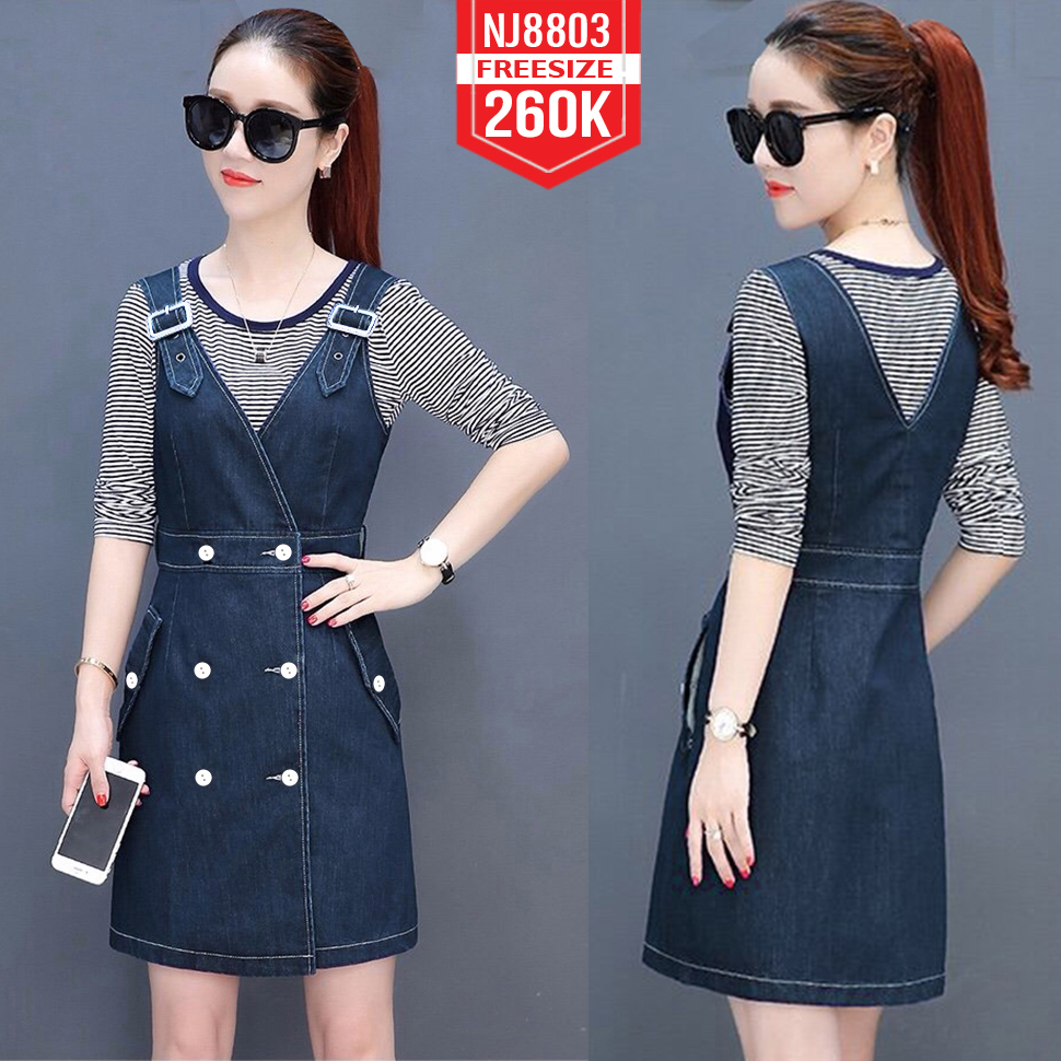 ĐẦM YẾM JEAN CỔ V 2 DÂY CÀI KHOEN PHỐI NÚT TRẰNG
